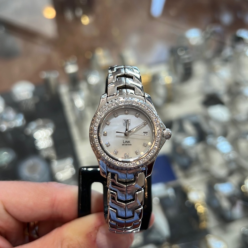 DIAMOND DIAL and DIAMOND BEZEL TAG HEUER LADIES LINK MOTHER OF PEARL QUA…